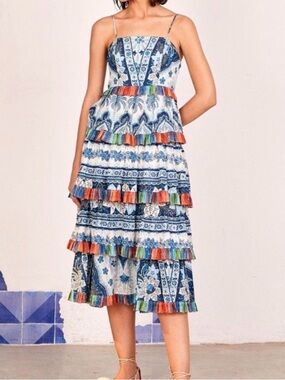 FARM Rio Boho Tiered Blue Floral Midi Dress with Multicolor Trim